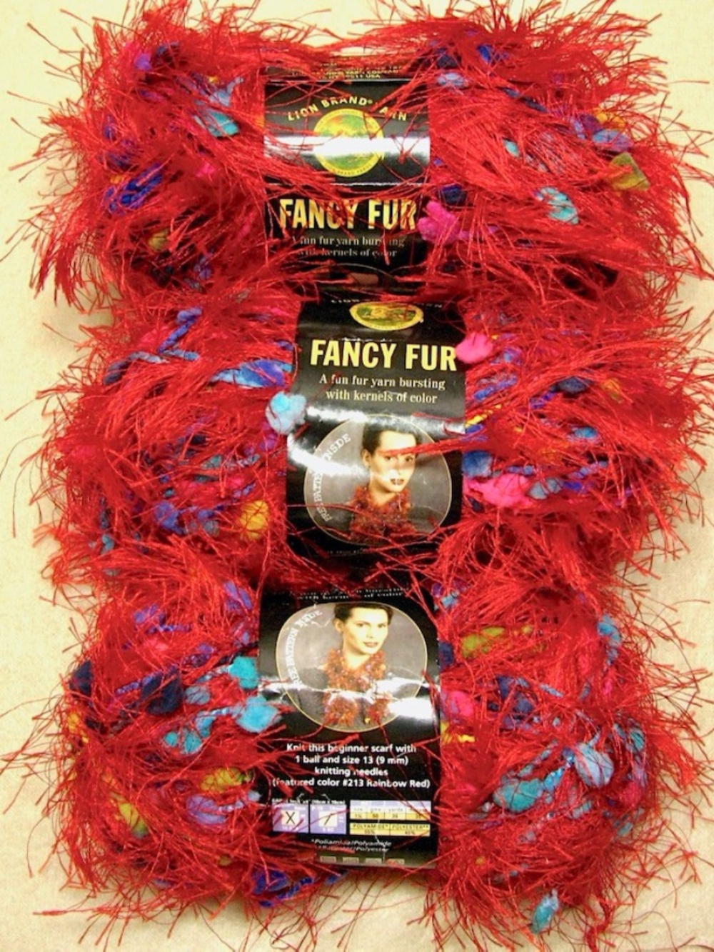 Lion Brand Fancy Fur Yarn Rainbow Red Pompom Eyelash 50g 39yds Lot of 3